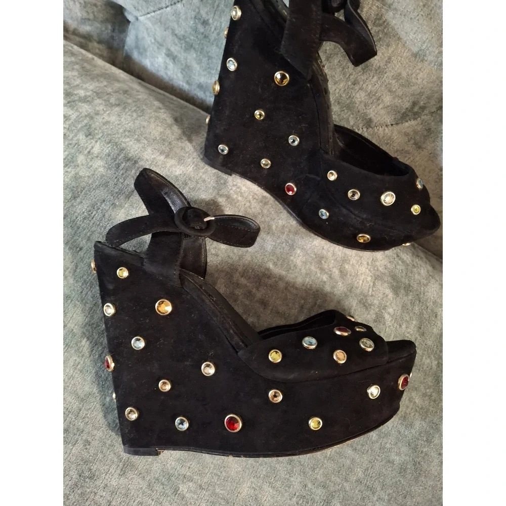 Alice + Olivia Black Suede Leather Platform Wedge Sandals Jewel Embellished 37.5